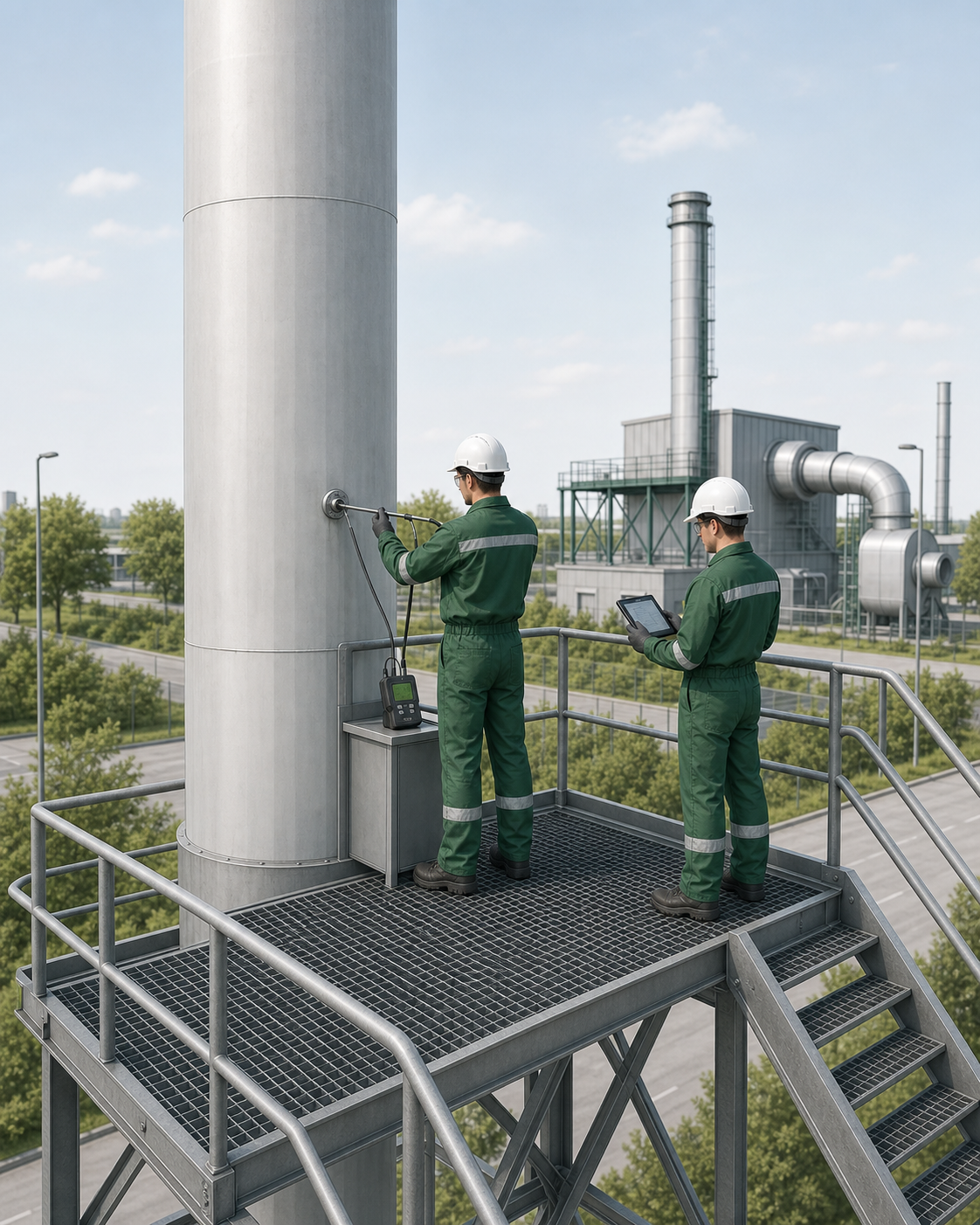 Два специалиста измеряют аэродинамические параметры газового потока трубкой Пито и цифровым манометром ДМЦ-01М через подготовленный пробоотборный лючок